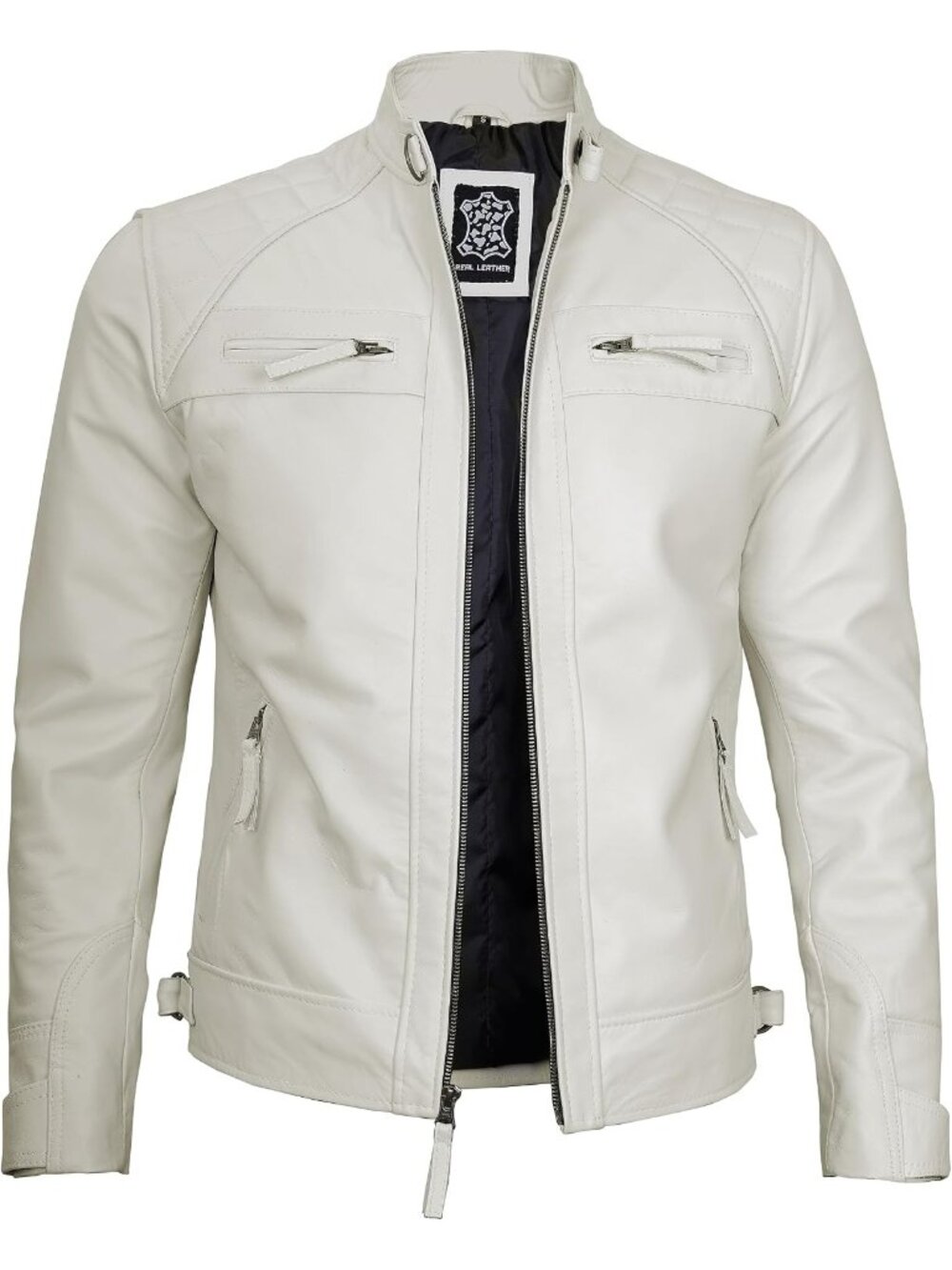 Men’s  Genuine Lambskin Leather Cafe Racer Motorcycle Jacket-Off White